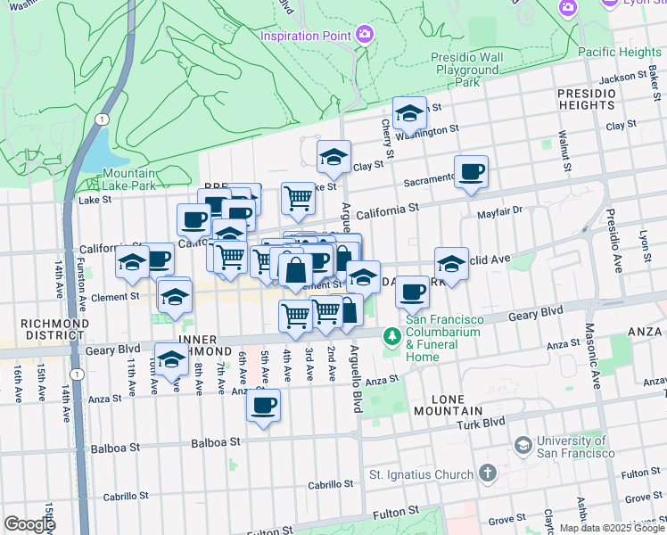 map of restaurants, bars, coffee shops, grocery stores, and more near 126 Clement Street in San Francisco