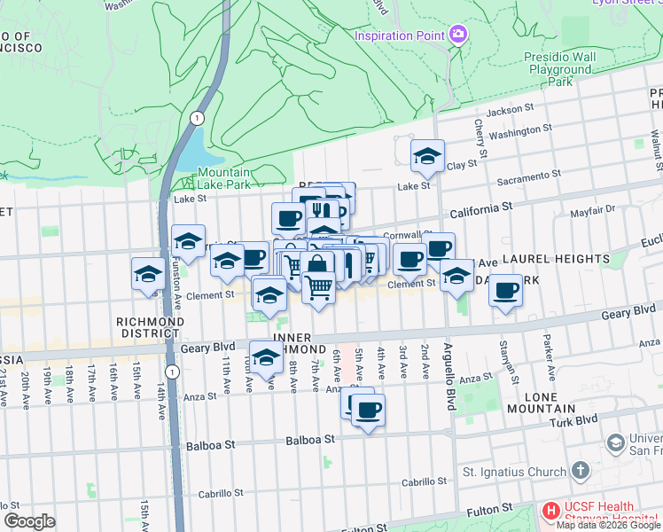 map of restaurants, bars, coffee shops, grocery stores, and more near 431 Clement Street in San Francisco