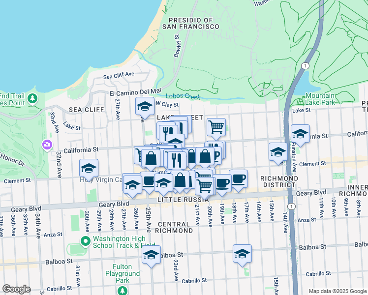map of restaurants, bars, coffee shops, grocery stores, and more near 229 21st Avenue in San Francisco