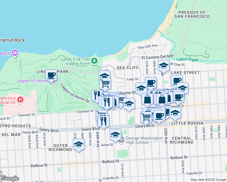 map of restaurants, bars, coffee shops, grocery stores, and more near 305 31st Avenue in San Francisco