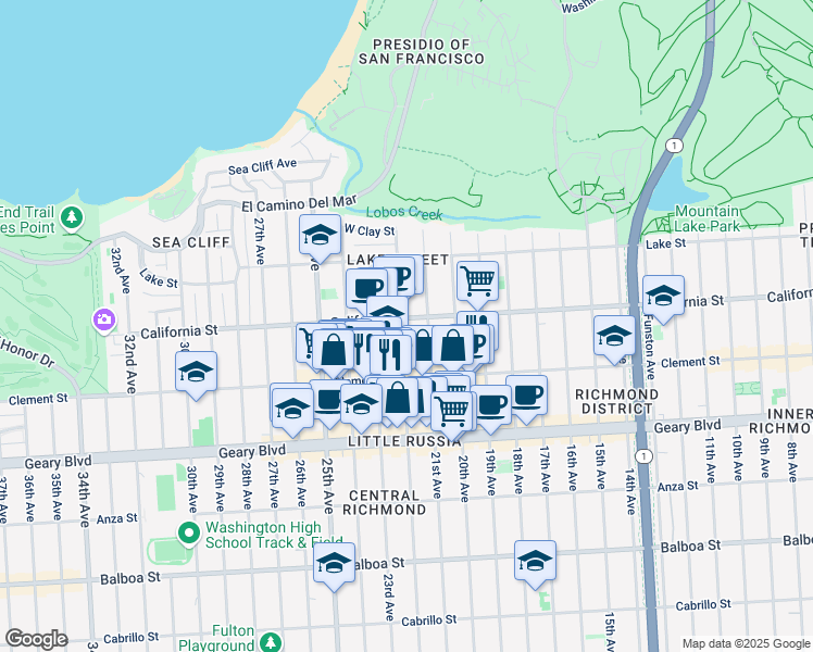 map of restaurants, bars, coffee shops, grocery stores, and more near 229 21st Avenue in San Francisco