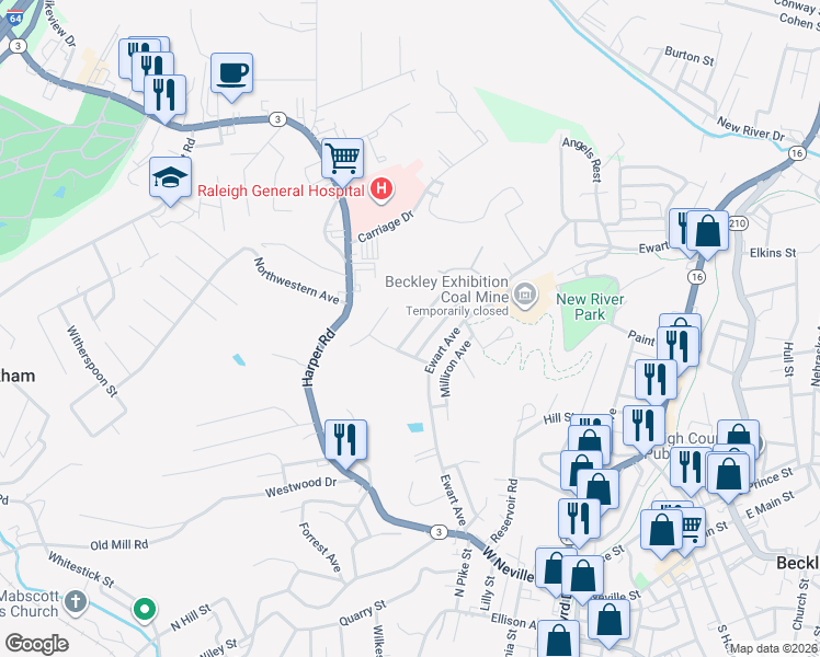 map of restaurants, bars, coffee shops, grocery stores, and more near 301 Wyoming Avenue in Beckley