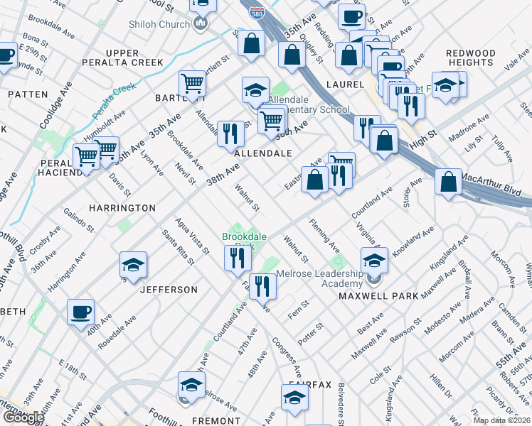 map of restaurants, bars, coffee shops, grocery stores, and more near 2701 High Street in Oakland