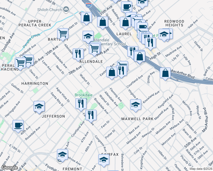 map of restaurants, bars, coffee shops, grocery stores, and more near 2820 High Street in Oakland