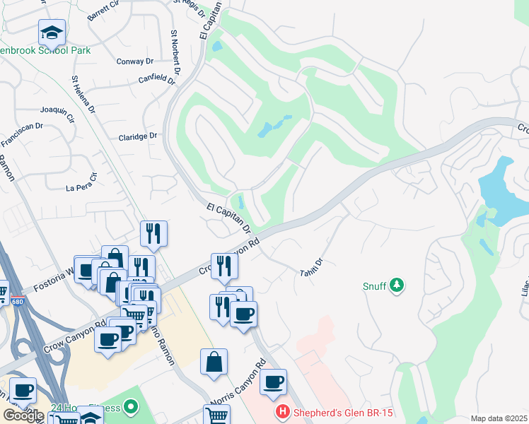 map of restaurants, bars, coffee shops, grocery stores, and more near 2128 Presidio Court in Danville