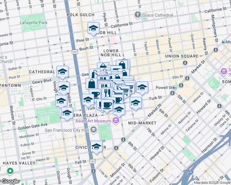 map of restaurants, bars, coffee shops, grocery stores, and more near 305 Hyde Street in San Francisco