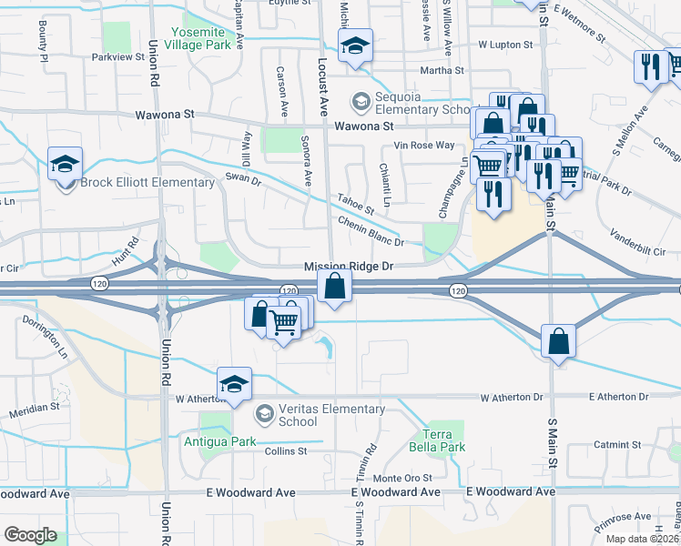 map of restaurants, bars, coffee shops, grocery stores, and more near 766 Mission Ridge Drive in Manteca