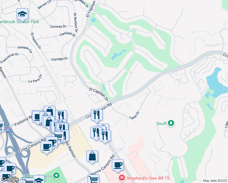 map of restaurants, bars, coffee shops, grocery stores, and more near 2128 Presidio Court in Danville