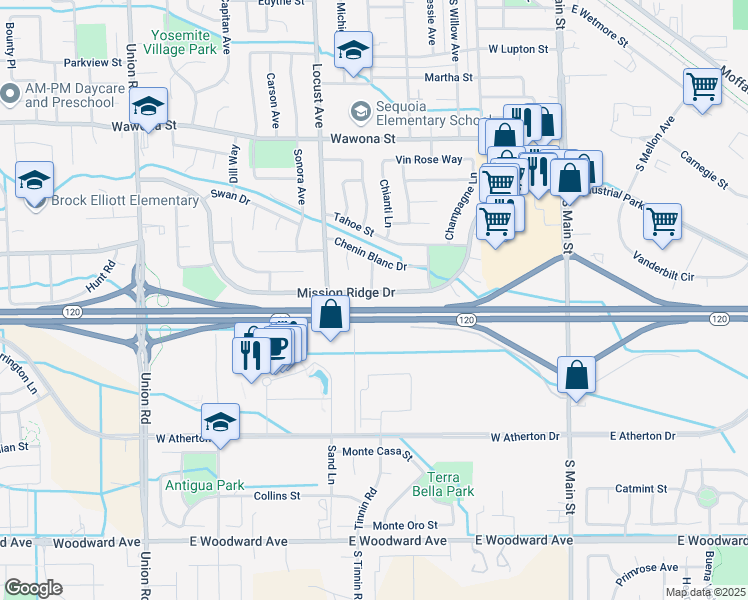 map of restaurants, bars, coffee shops, grocery stores, and more near 690 Mission Ridge Drive in Manteca