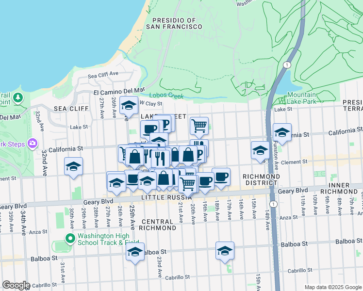 map of restaurants, bars, coffee shops, grocery stores, and more near 229 21st Avenue in San Francisco