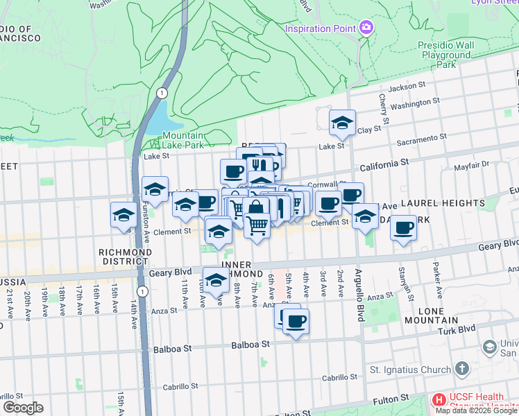 map of restaurants, bars, coffee shops, grocery stores, and more near 251 6th Avenue in San Francisco