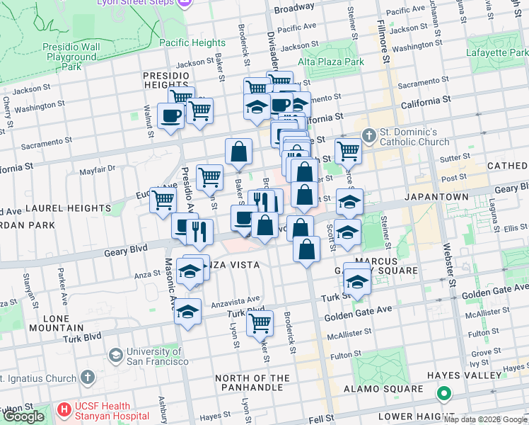 map of restaurants, bars, coffee shops, grocery stores, and more near 350 Saint Joseph's Avenue in San Francisco