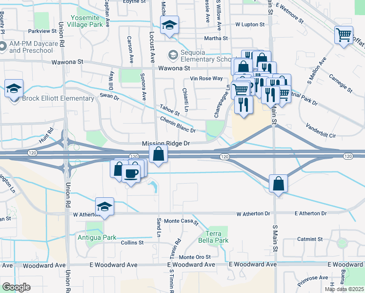 map of restaurants, bars, coffee shops, grocery stores, and more near 690 Mission Ridge Drive in Manteca