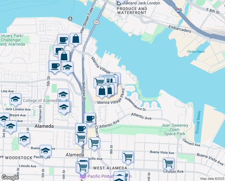 map of restaurants, bars, coffee shops, grocery stores, and more near 901 Marina Village Parkway in Alameda
