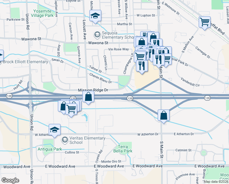 map of restaurants, bars, coffee shops, grocery stores, and more near 636 Mission Ridge Drive in Manteca