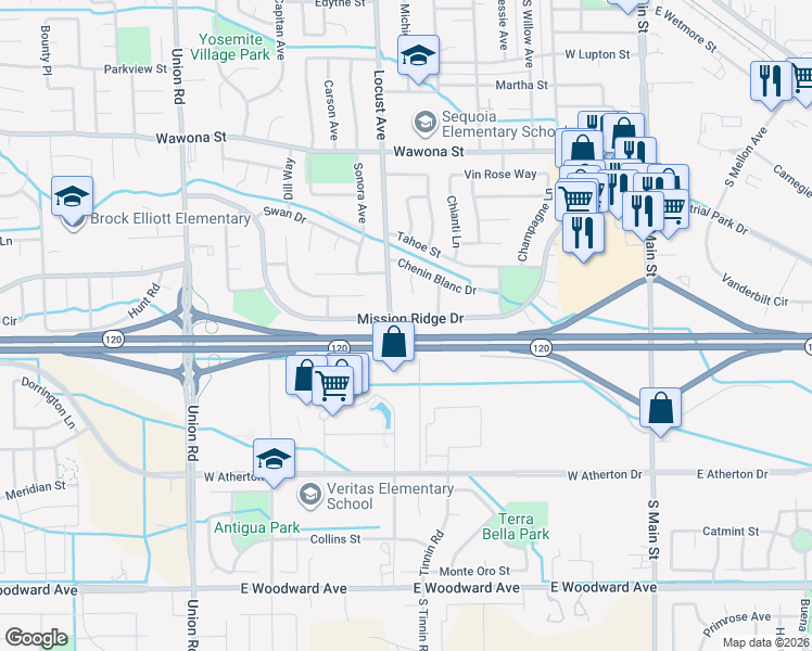 map of restaurants, bars, coffee shops, grocery stores, and more near 766 Mission Ridge Drive in Manteca