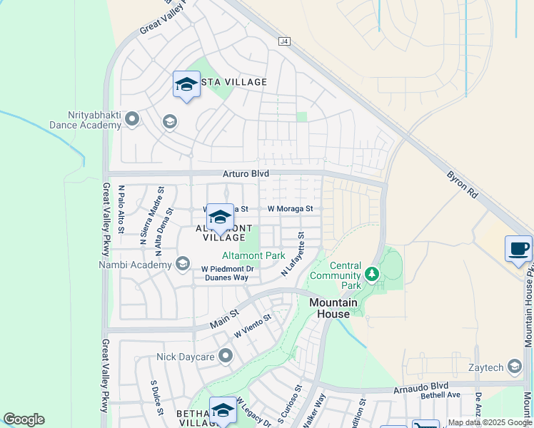 map of restaurants, bars, coffee shops, grocery stores, and more near 284 West Moraga Street in Tracy