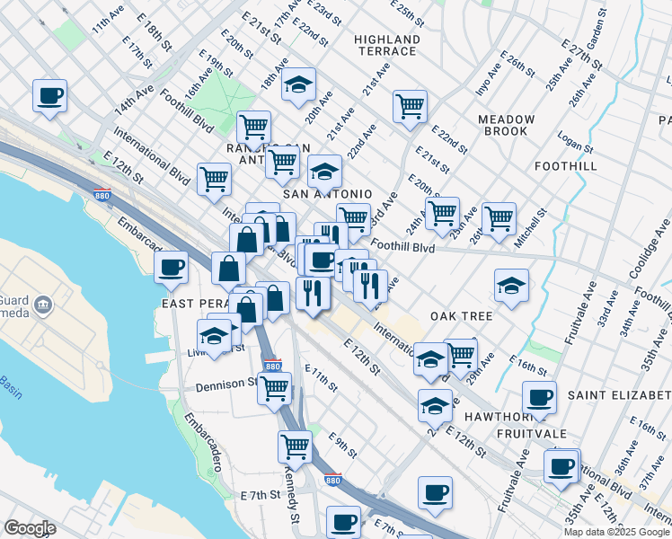 map of restaurants, bars, coffee shops, grocery stores, and more near 1440 23rd Avenue in Oakland