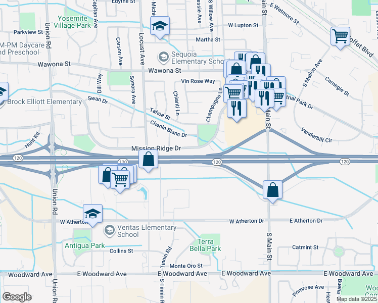 map of restaurants, bars, coffee shops, grocery stores, and more near 636 Mission Ridge Drive in Manteca