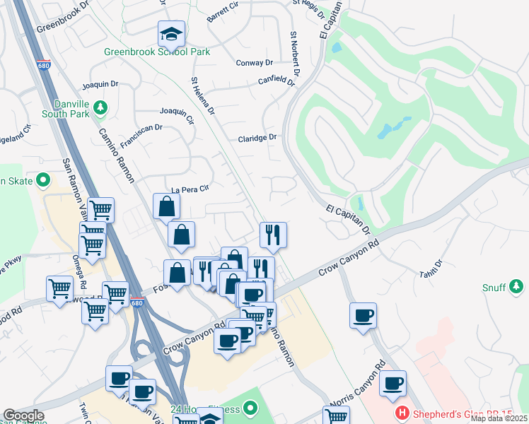 map of restaurants, bars, coffee shops, grocery stores, and more near 1133 Silverwood Court in Danville