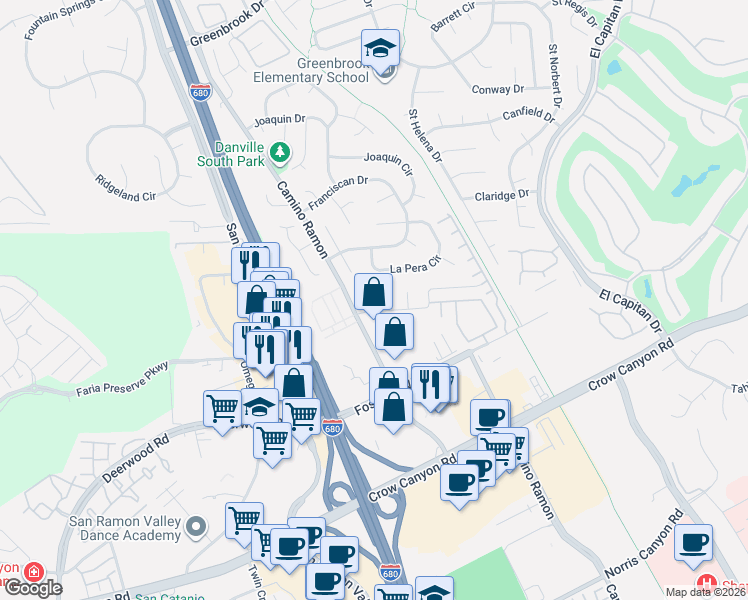 map of restaurants, bars, coffee shops, grocery stores, and more near in Danville