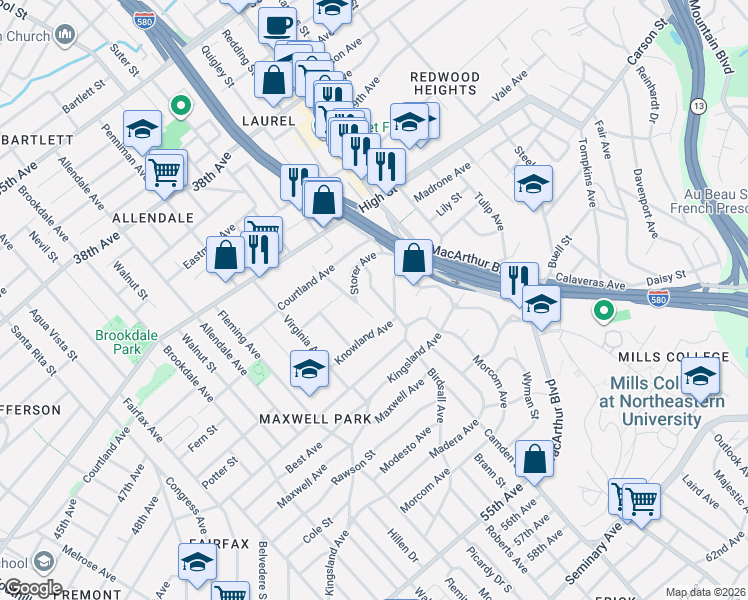 map of restaurants, bars, coffee shops, grocery stores, and more near 4751 Meldon Avenue in Oakland