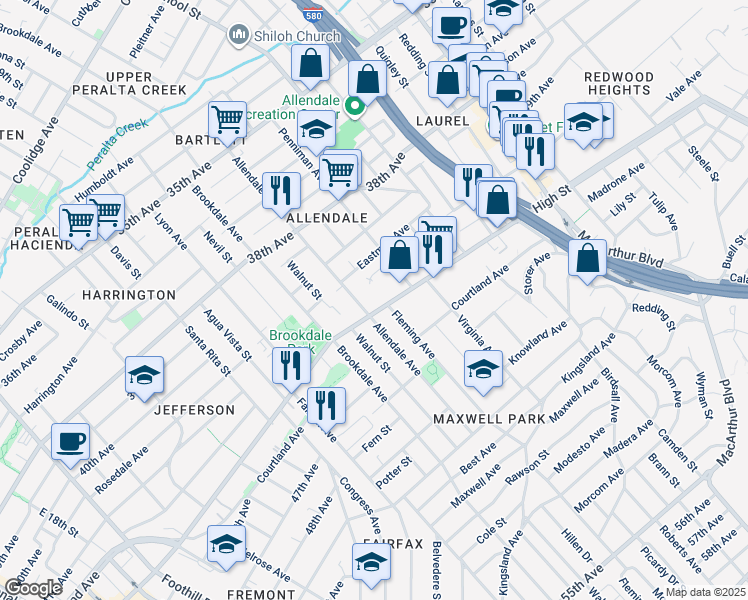 map of restaurants, bars, coffee shops, grocery stores, and more near 2820 High Street in Oakland
