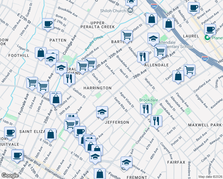 map of restaurants, bars, coffee shops, grocery stores, and more near 3718 Santa Rita Street in Oakland