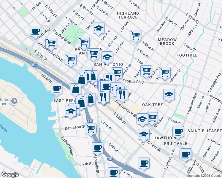 map of restaurants, bars, coffee shops, grocery stores, and more near 2300 International Boulevard in Oakland