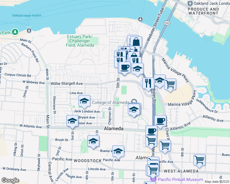 map of restaurants, bars, coffee shops, grocery stores, and more near 2350 Fifth Street in Alameda