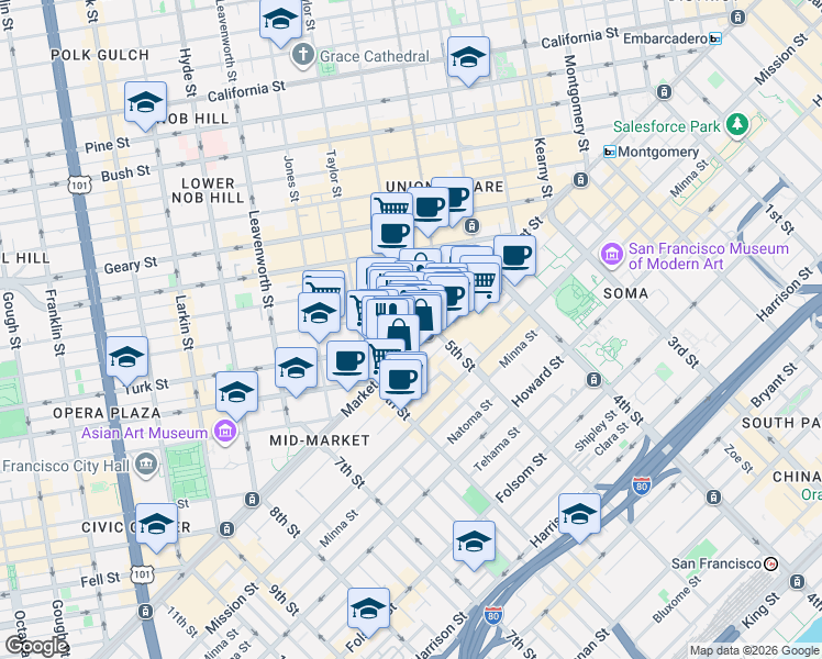 map of restaurants, bars, coffee shops, grocery stores, and more near in San Francisco