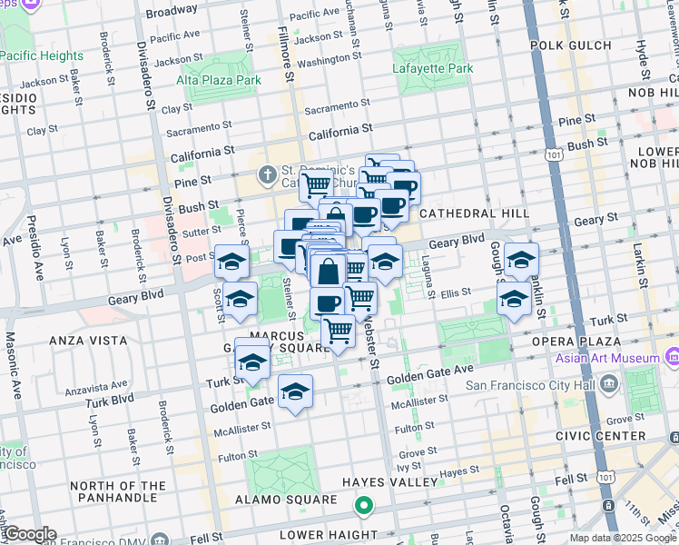 map of restaurants, bars, coffee shops, grocery stores, and more near 1335 Webster Street in San Francisco