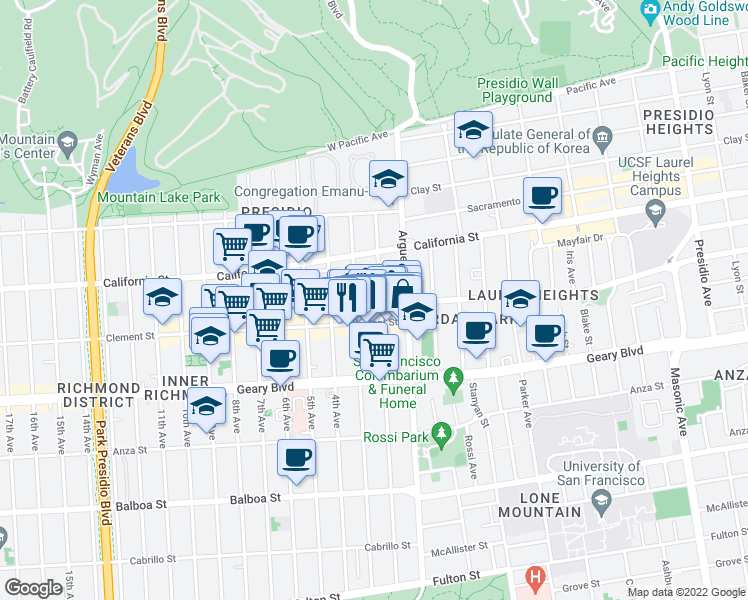 map of restaurants, bars, coffee shops, grocery stores, and more near 126 Clement Street in San Francisco