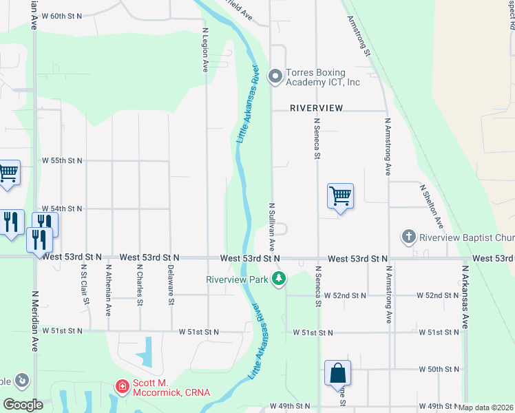 map of restaurants, bars, coffee shops, grocery stores, and more near 5503 Sullivan Road in Wichita