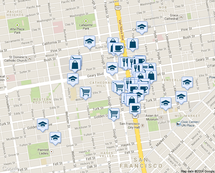 map of restaurants, bars, coffee shops, grocery stores, and more near  in San Francisco