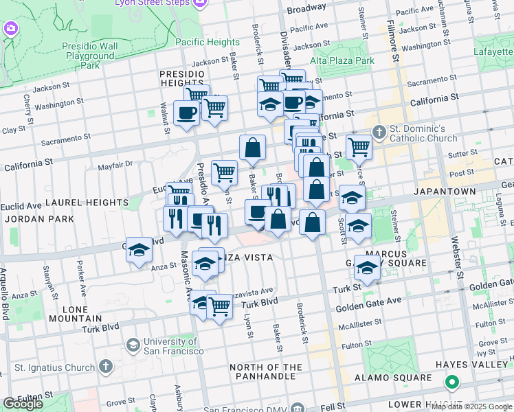 map of restaurants, bars, coffee shops, grocery stores, and more near Post St & Baker St in San Francisco