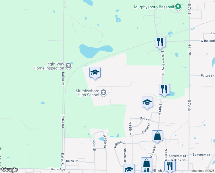 map of restaurants, bars, coffee shops, grocery stores, and more near 50 Blackwood Drive in Murphysboro
