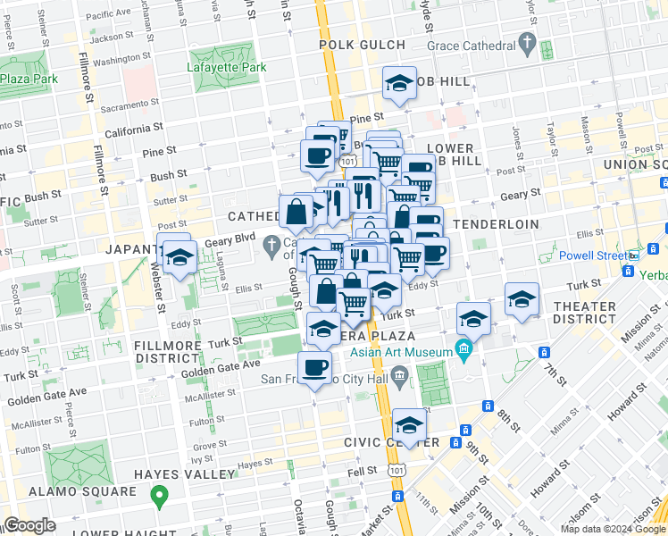 map of restaurants, bars, coffee shops, grocery stores, and more near 995 Ellis Street in San Francisco