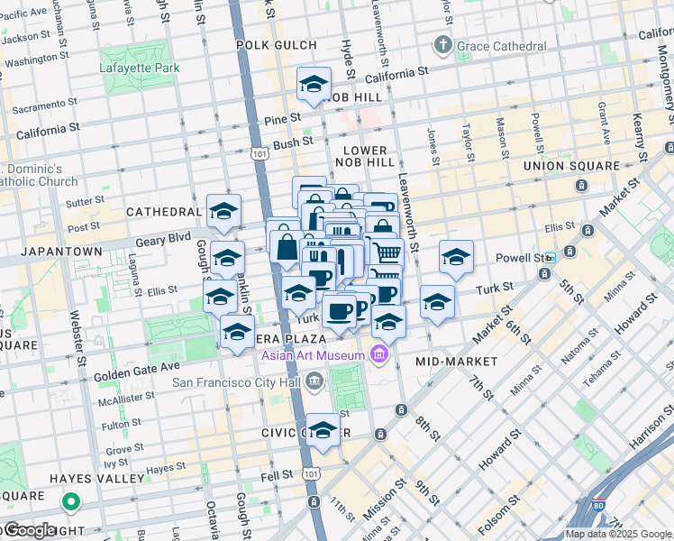 map of restaurants, bars, coffee shops, grocery stores, and more near in San Francisco