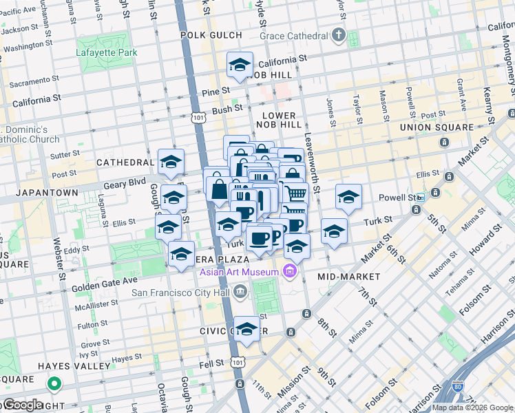 map of restaurants, bars, coffee shops, grocery stores, and more near 725 Ellis Street in San Francisco