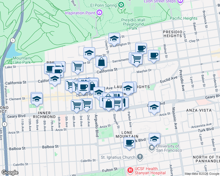 map of restaurants, bars, coffee shops, grocery stores, and more near Euclid Avenue & Jordan Avenue in San Francisco