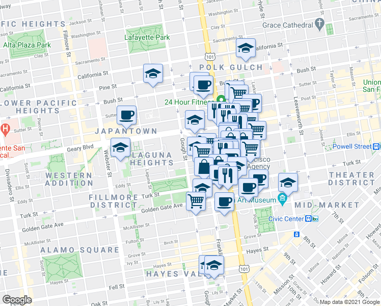 map of restaurants, bars, coffee shops, grocery stores, and more near in San Francisco