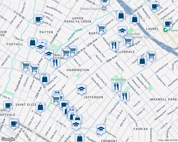 map of restaurants, bars, coffee shops, grocery stores, and more near 3718 Santa Rita Street in Oakland