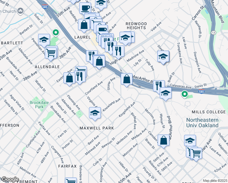 map of restaurants, bars, coffee shops, grocery stores, and more near 4715 Meldon Avenue in Oakland