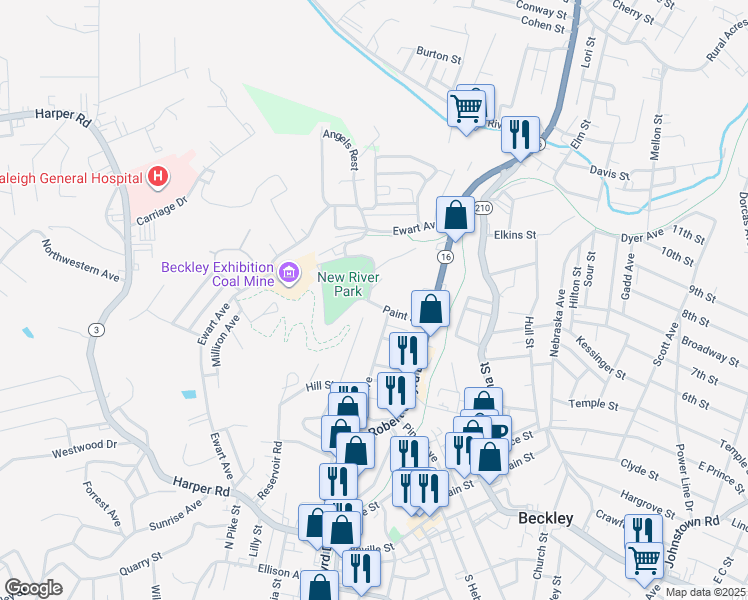 map of restaurants, bars, coffee shops, grocery stores, and more near 507 Paint Street in Beckley