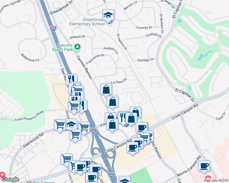 map of restaurants, bars, coffee shops, grocery stores, and more near 30 San Vicente Court in Danville