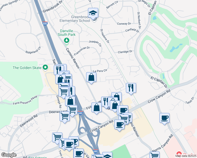 map of restaurants, bars, coffee shops, grocery stores, and more near 30 San Vicente Court in Danville