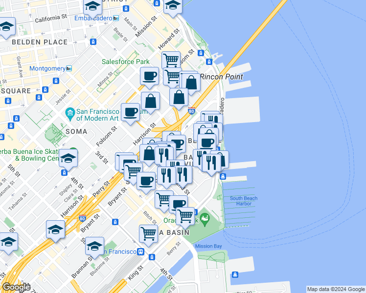 map of restaurants, bars, coffee shops, grocery stores, and more near 1 Federal Street in San Francisco