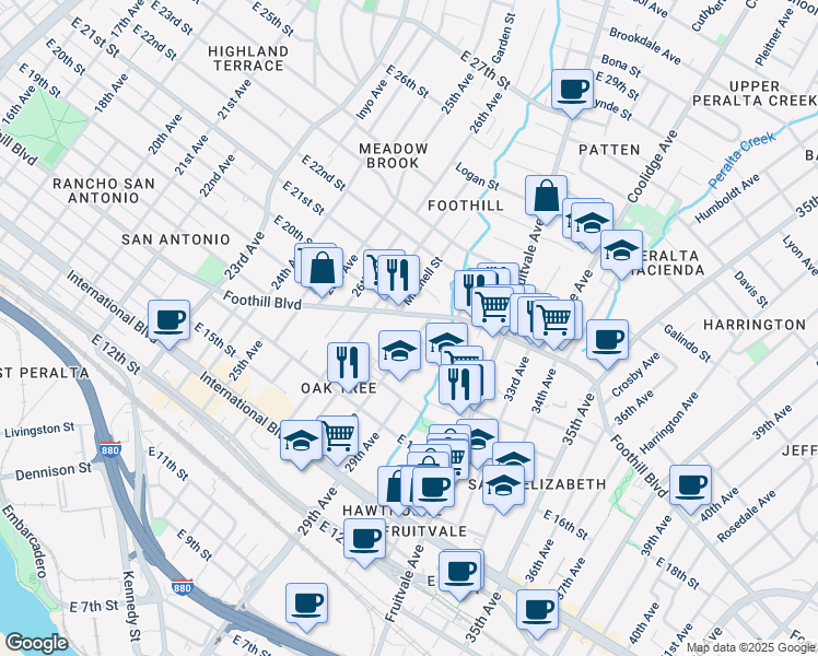 map of restaurants, bars, coffee shops, grocery stores, and more near 1835 28th Avenue in Oakland