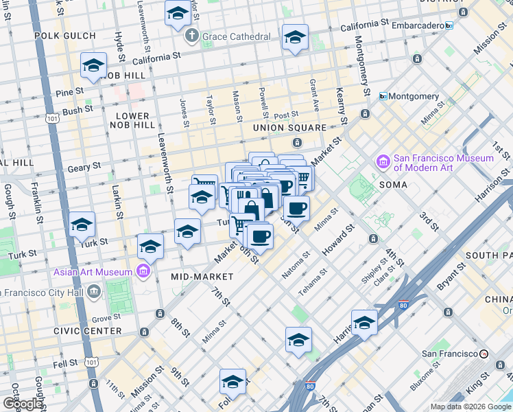 map of restaurants, bars, coffee shops, grocery stores, and more near in San Francisco